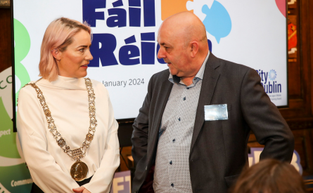 Lord Mayor of Dublin Emma Blain with Chief Executive of City of Dublin ETB and Community College students at Ag Fail Reidh event in Mansion House.