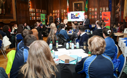 Lord Mayor of Dublin Emma Blain with Chief Executive of City of Dublin ETB and Community College students at Ag Fail Reidh event in Mansion House.